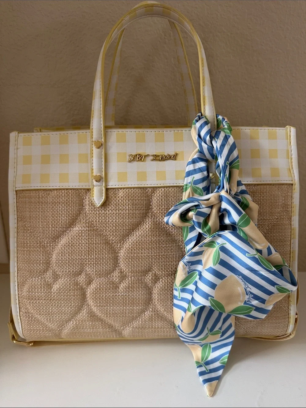Betsy Johnson Yellow Check & Straw Tote Bag with Blue Lemon Scarf